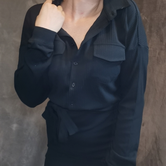 Revamped Black Button Up Long Sleeve Belted Dress - Picture 2 of 4